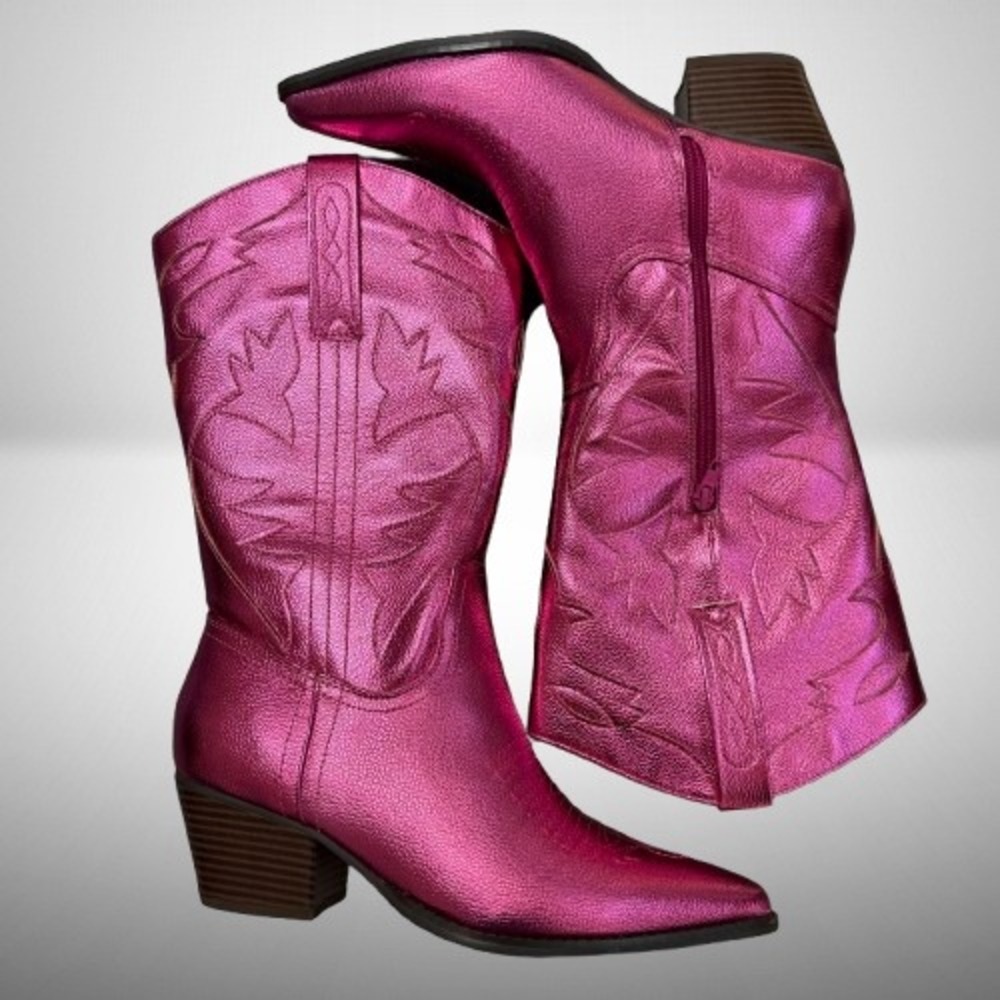 NEW Prettylittlething Metallic Pink Western Cowboy Boots Side Zip Size 7